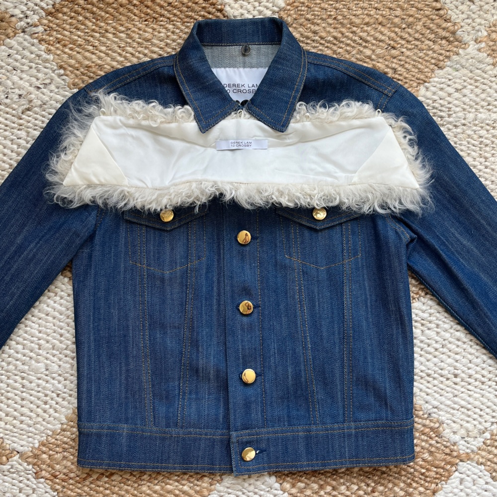 Derek Lam 10 Crosby Blue Denim Jacket with Removable Shearling Collar - Size 00 - Picture 11 of 16